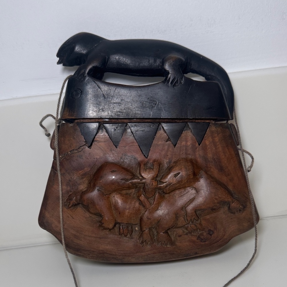 Vintage Hand-Carved Wooden Bag with Lizard Motif